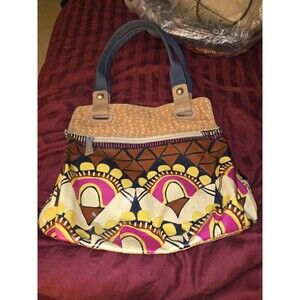 Fossil Key-Per Coated Canvas Hobo Tote Bold  Print Pattern Large Shoulder Bag